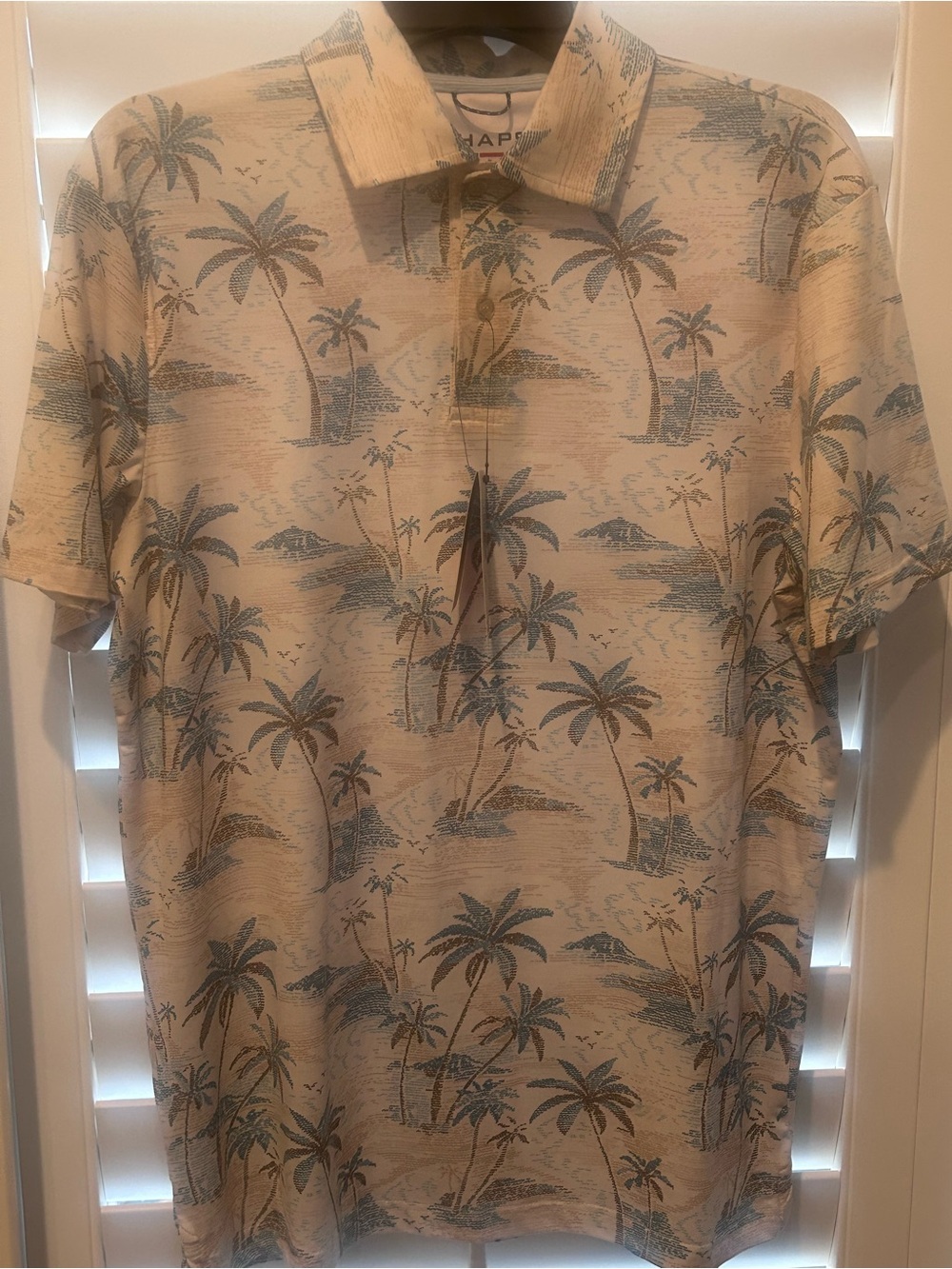 Chaps Beige Polo with Blue Palm Print